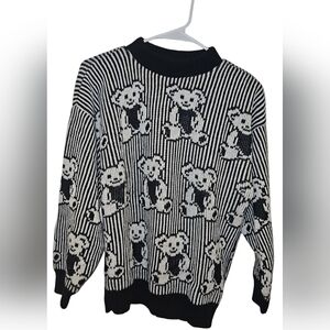 Vintage Adele Knitwear Women's Teddy Bear Sweater Retro Black White 80s USA S/M